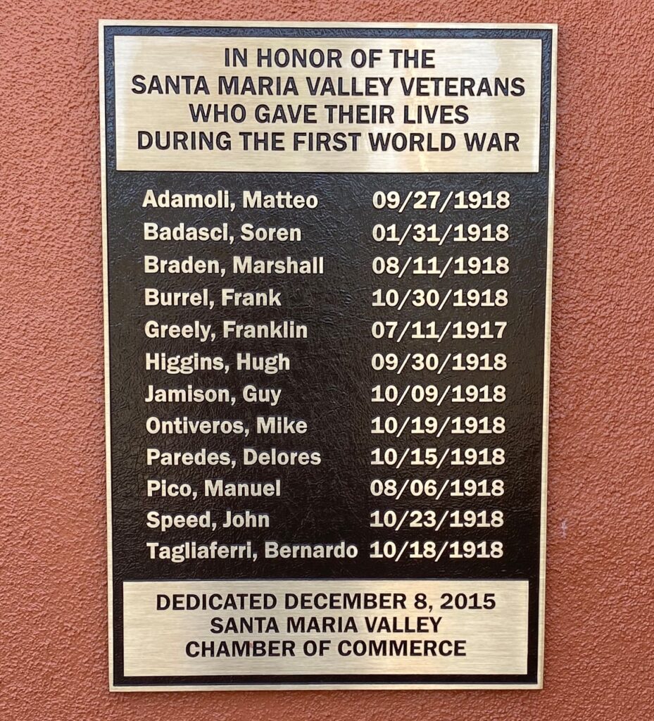 SANTA MARIA VALLEY WORLD WAR I MEMORIAL PLAQUE