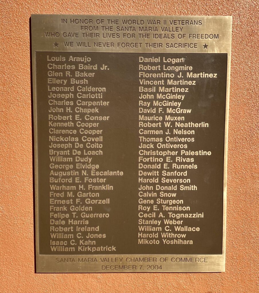SANTA MARIA VALLEY WORLD WAR II MEMORIAL PLAQUE
