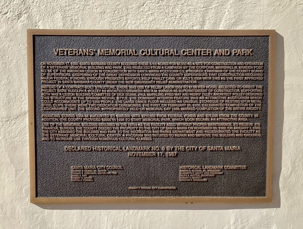 SANTA MARIA VETERANS MEMORIAL CULTURAL CENTER AND PARK PLAQUE