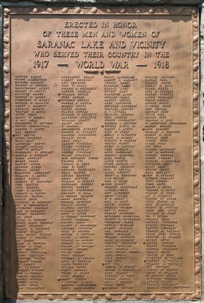 SARANAC LAKE AND VICINITY WORLD WAR MEMORIAL PLAQUE