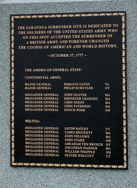 SARATOGA SURRENDER SITE WAR MEMORIAL DEDICATION PLAQUE
