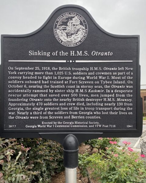 SINKING OF THE H.M.S. OTRANTO WAR MEMORIAL MARKER