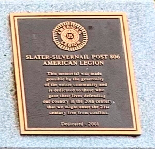 SLATER SILVERNAIL POST 806 WAR MEMORIAL PLAQUE