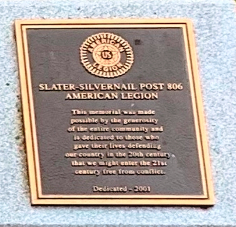 SLATER SILVERNAIL POST 806 WAR MEMORIAL PLAQUE