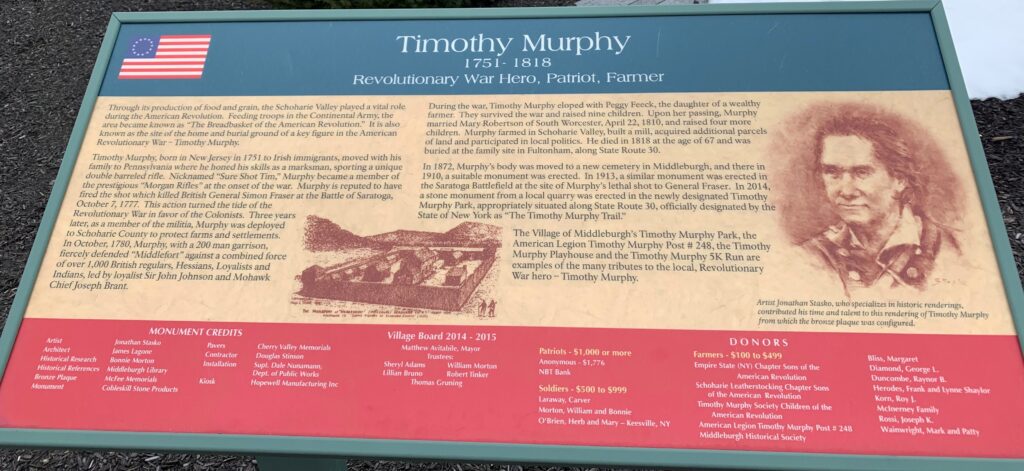 TIMOTHY MURPHY REVOLUTIONARY WAR HERO MEMORIAL PLAQUE