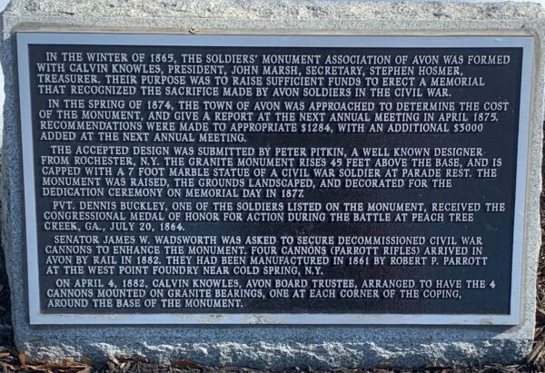 TOWN OF AVON SOLDIERS’ MONUMENT PLAQUE