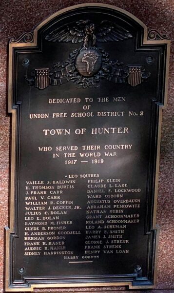 TOWN OF HUNTER WAR VETERANS MEMORIAL PLAQUE A
