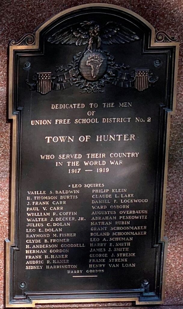 TOWN OF HUNTER WAR VETERANS MEMORIAL PLAQUE A