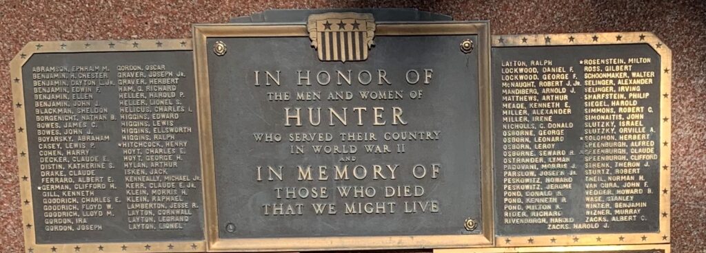 TOWN OF HUNTER WAR VETERANS MEMORIAL PLAQUE B