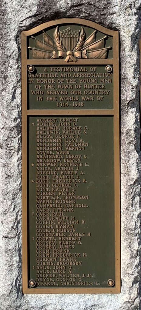 TOWN OF HUNTER WORLD WAR MEMORIAL PLAQUE A