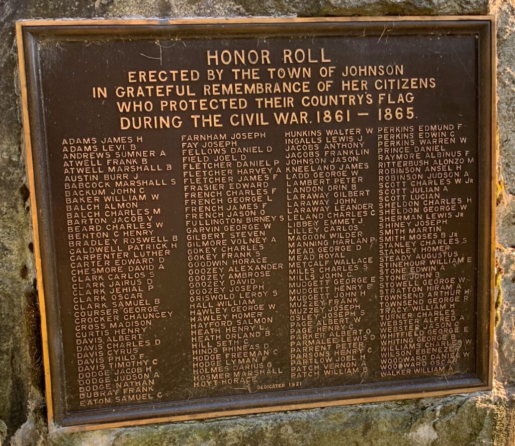 TOWN OF JOHNSON CIVIL WAR MEMORIAL PLAQUE