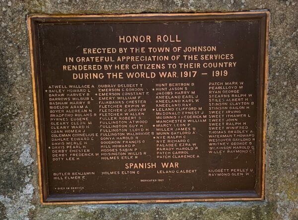 TOWN OF JOHNSON SPANISH WAR AND WORLD WAR MEMORIAL PLAQUE