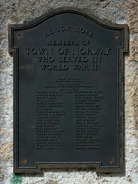 TOWN OF NORWAY WORLD WAR II MEMORIAL PLAQUE