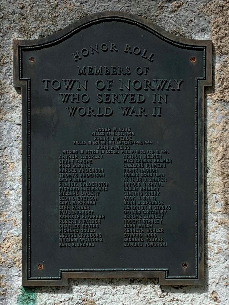 TOWN OF NORWAY WORLD WAR II MEMORIAL PLAQUE
