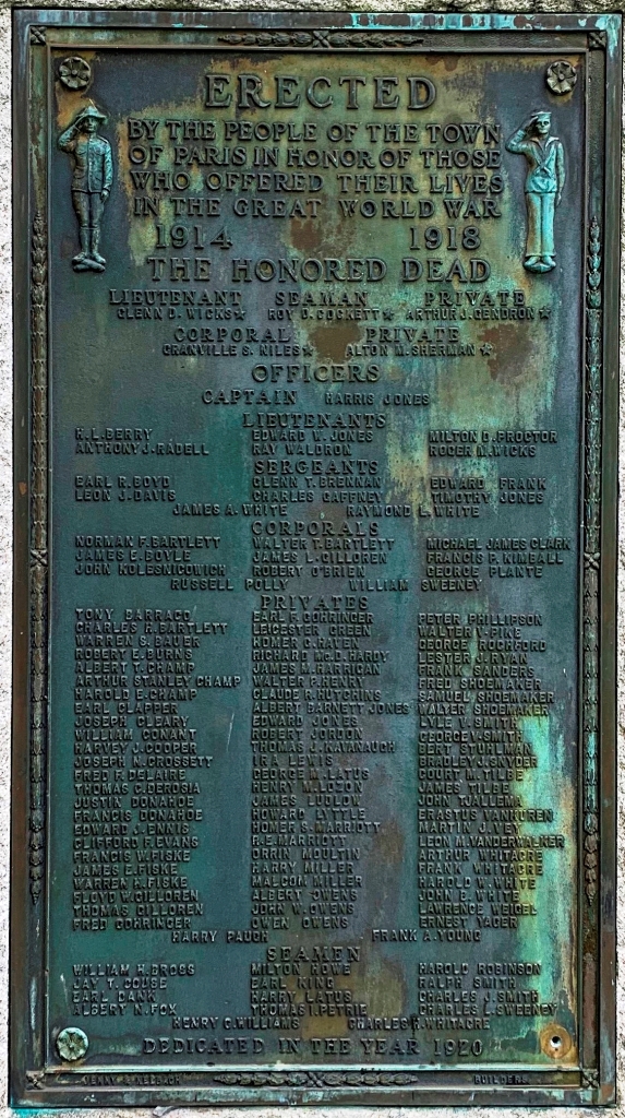 TOWN OF PARIS GREAT WORLD WAR MEMORIAL PLAQUE