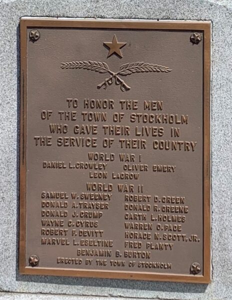 TOWN OF STOCKHOLM WAR VETERANS  MEMORIAL PLAQUE