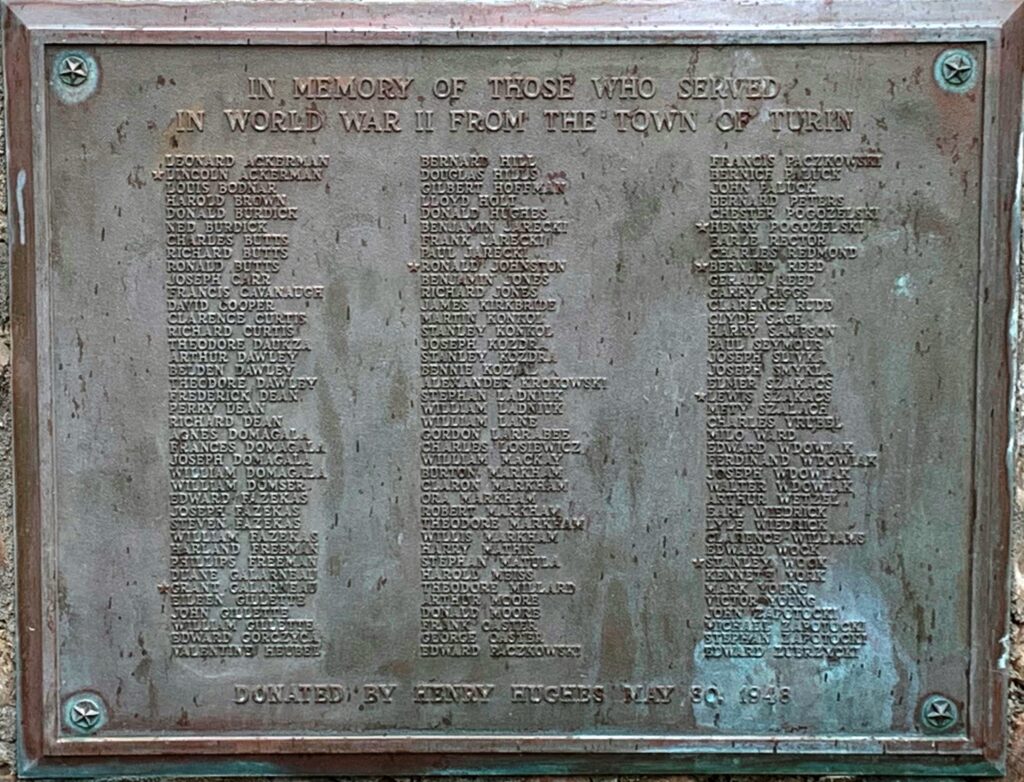 TOWN OF TURIN WORLD WAR II MEMORIAL PLAQUE