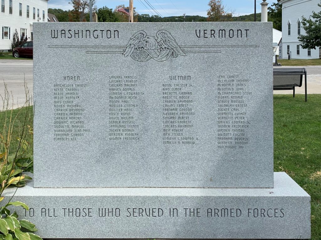 WASHINGTON VERMONT WAR MEMORIAL BACK