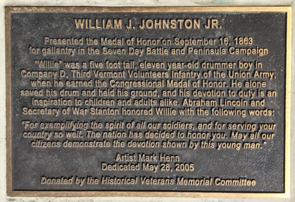 WILLIAM J. JOHNSTON JR. MEDAL OF HONOR WAR MEMORIAL PLAQUE