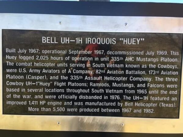 WINNEMUCCA BELL UH-1H IROQUOIS “HUEY” MEMORIAL PLAQUE