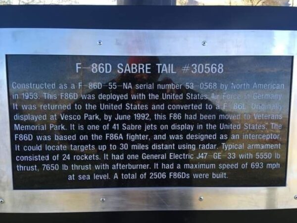 WINNEMUCCA F-86D SABRE TAIL #30568 MEMORIAL PLAQUE