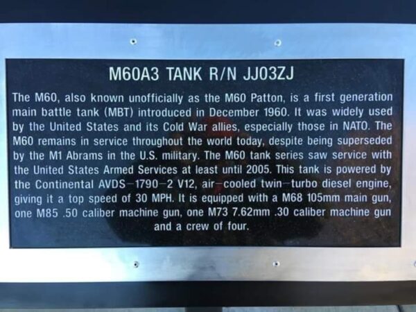 WINNEMUCCA M60A3 TANK R/N JJ03ZJ MEMORIAL PLAQUE