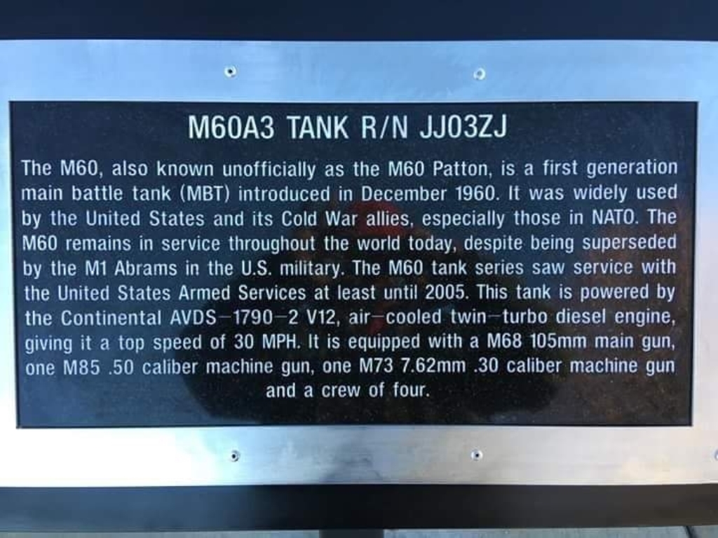 WINNEMUCCA M60A3 TANK R/N JJ03ZJ MEMORIAL PLAQUE