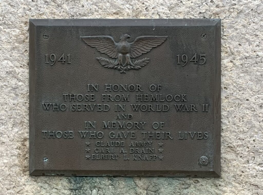 HEMLOCK WOLD WAR II MEMORIAL PLAQUE