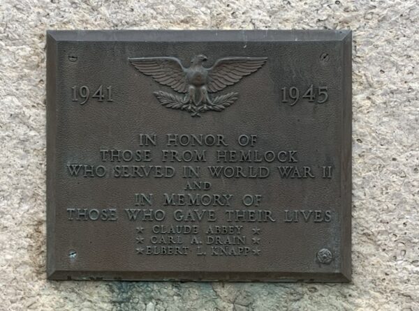 HEMLOCK WOLD WAR II MEMORIAL PLAQUE