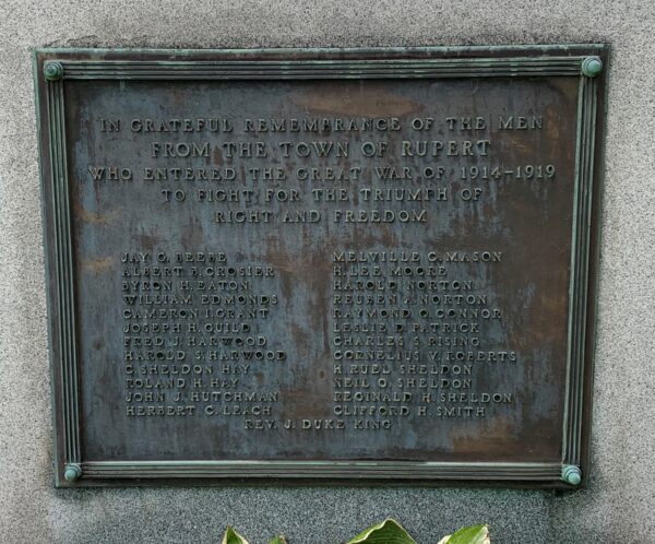 TOWN OF RUPERT GREAT WAR MEMORIAL PLAQUE