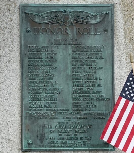 VALLEY FALLS WORLD WAR MEMORIAL PLAQUE