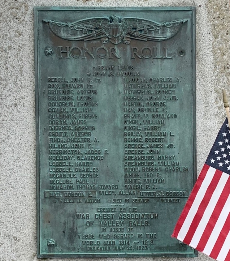 VALLEY FALLS WORLD WAR MEMORIAL PLAQUE
