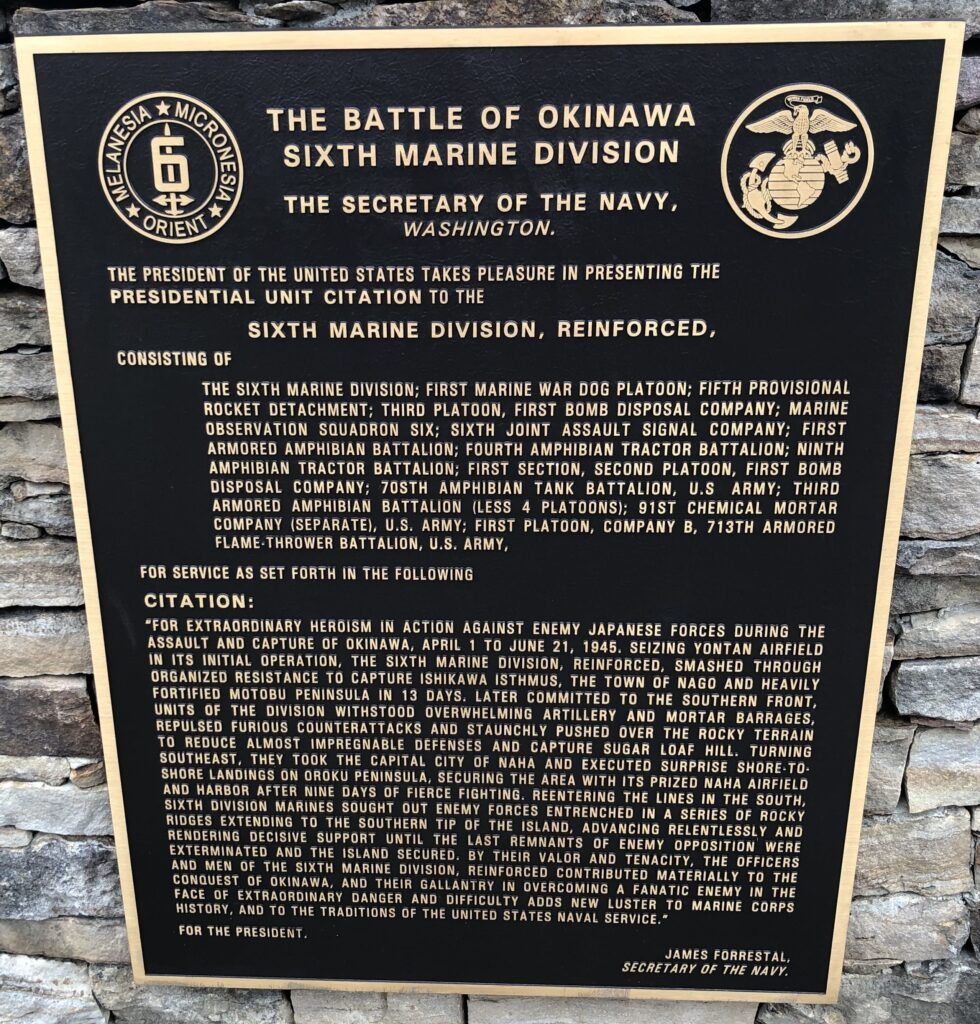 THE BATTLE OF OKINAWA SIXTH MARINE DIVISION MEMORIAL PLAQUE