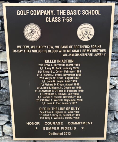 GOLF COMPANY, THE BASIC SCHOOL CLASS 7-68 MEMORIAL PLAQUE