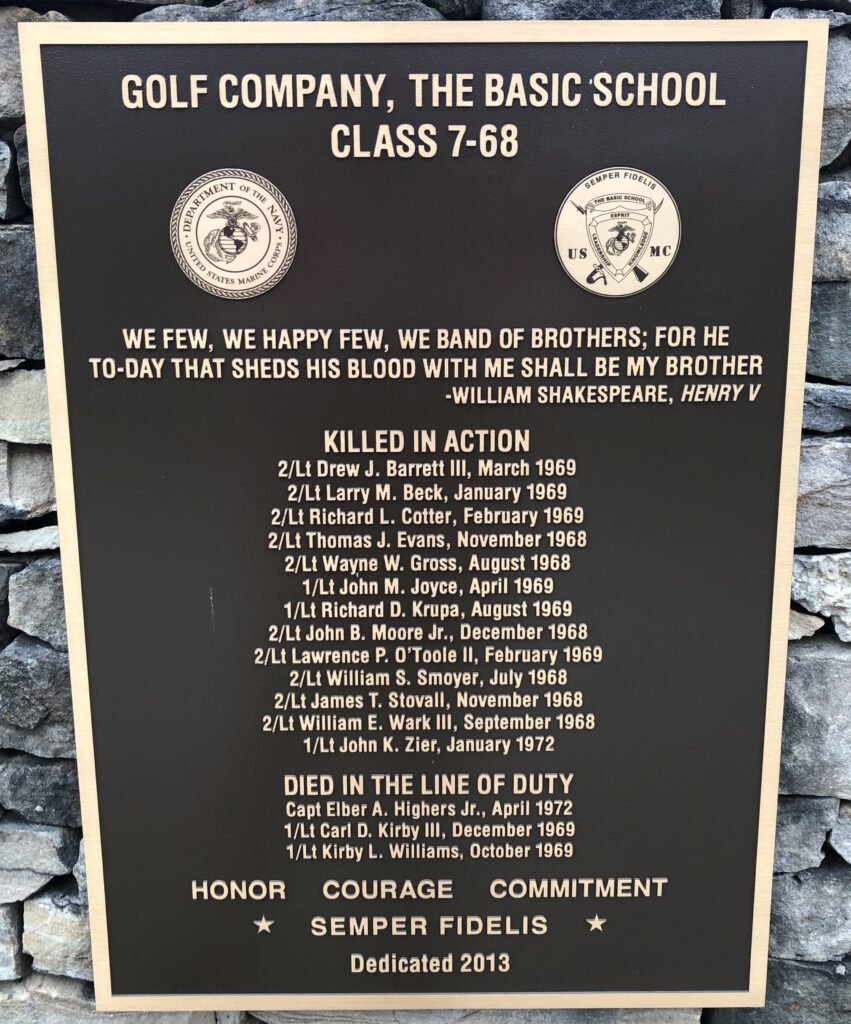 GOLF COMPANY, THE BASIC SCHOOL CLASS 7-68 MEMORIAL PLAQUE