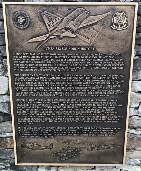 VMFA-333 SQUADRON HISTORY WAR MEMORIAL PLAQUE
