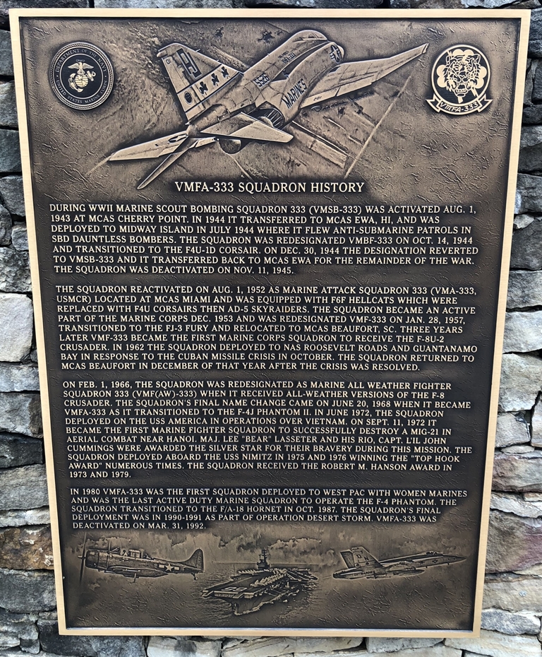 VMFA-333 SQUADRON HISTORY WAR MEMORIAL PLAQUE