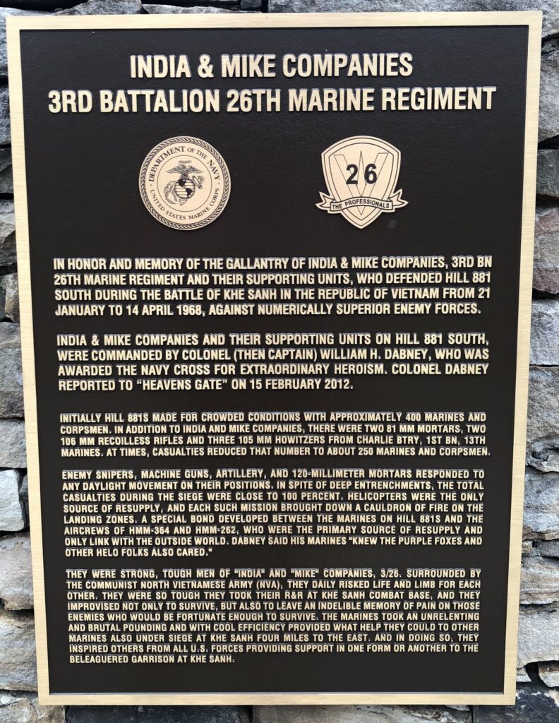 INDIA & MIKE COMPANIES 3RD BATTALION 26TH MARINE REGIMENT MEMORIAL PLAQUE