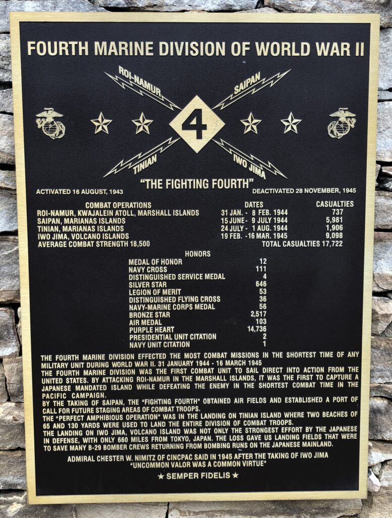 FOURTH MARINE DIVISION OF WORLD WAR II MEMORIAL PLAQUE QUANTICO
