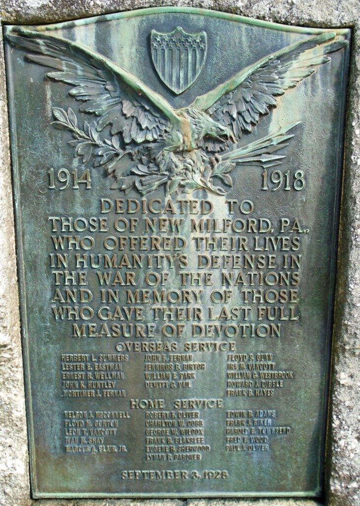 NEW MILFORD, PA. WAR OF THE NATIONS MEMORIAL PLAQUE