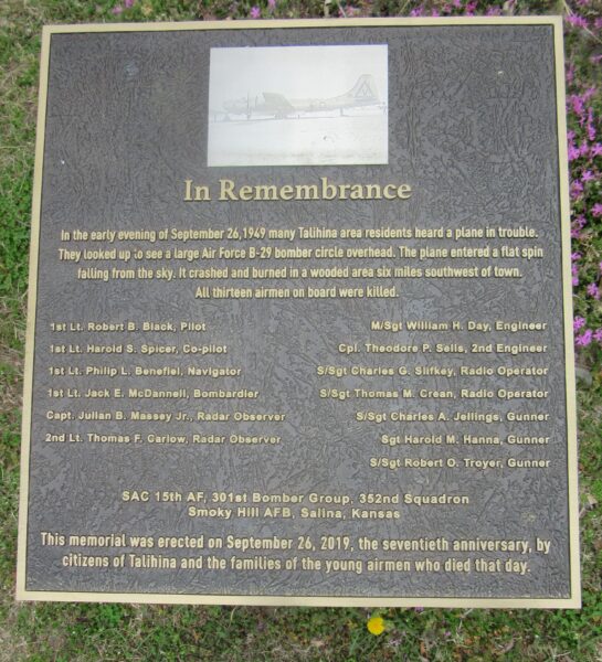 B-29 CRASH NEAR TALIHINA MEMORIAL PLAQUE
