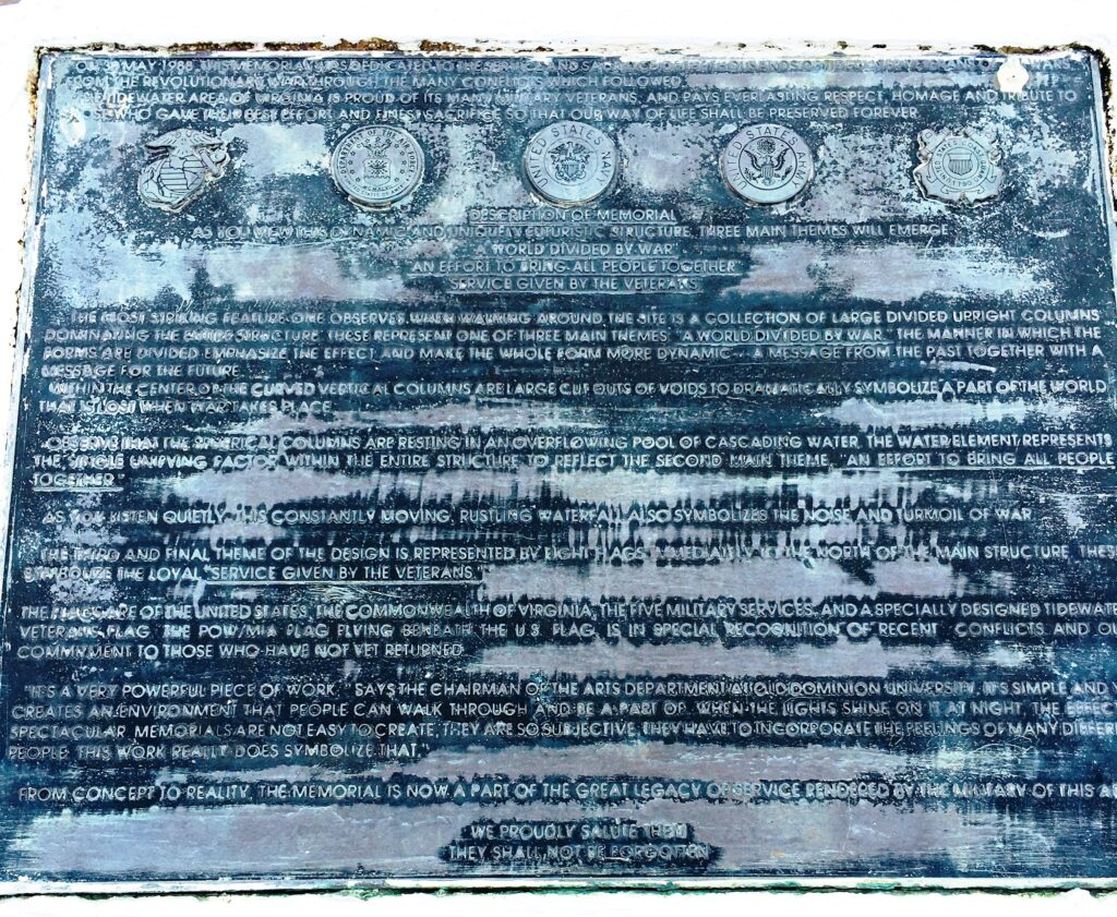 TIDEWATER VETERANS MEMORIAL NARRATIVE PLAQUE