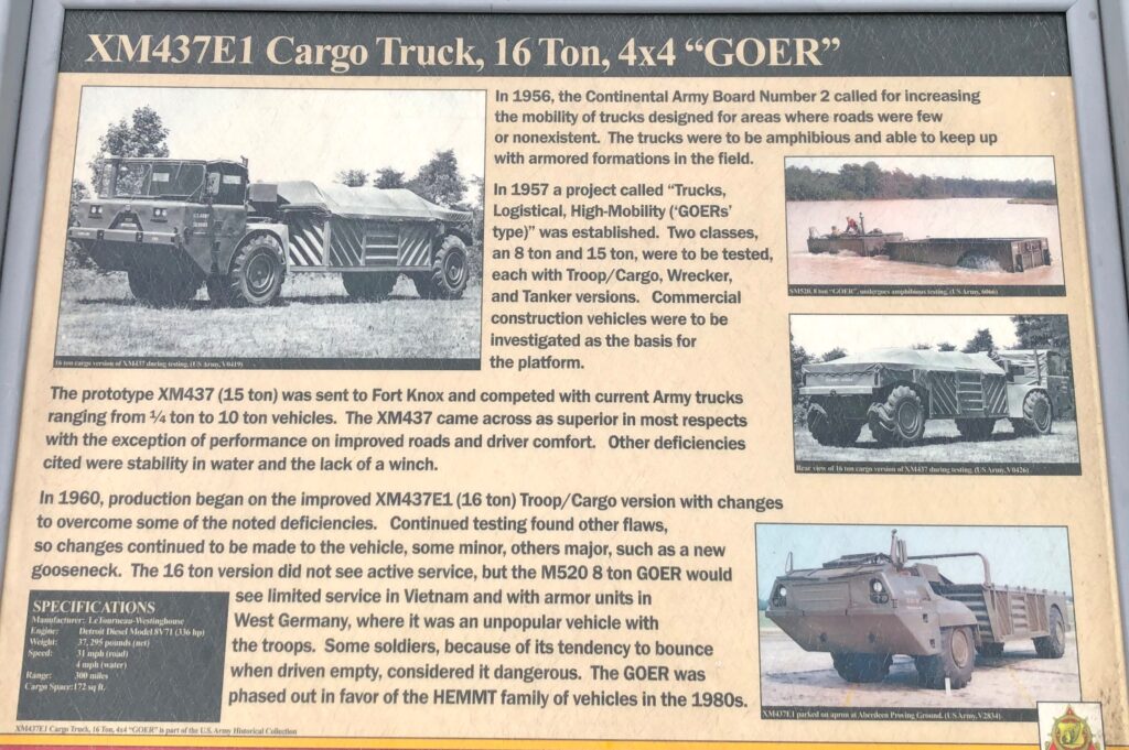 XM437E1 CARGO TRUCK, 16 TON, 4X4 “GOER” MEMORIAL PANEL