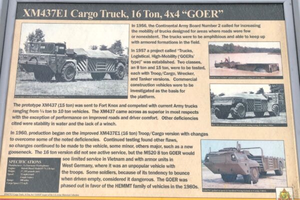 XM437E1 CARGO TRUCK, 16 TON, 4X4 “GOER” MEMORIAL PANEL