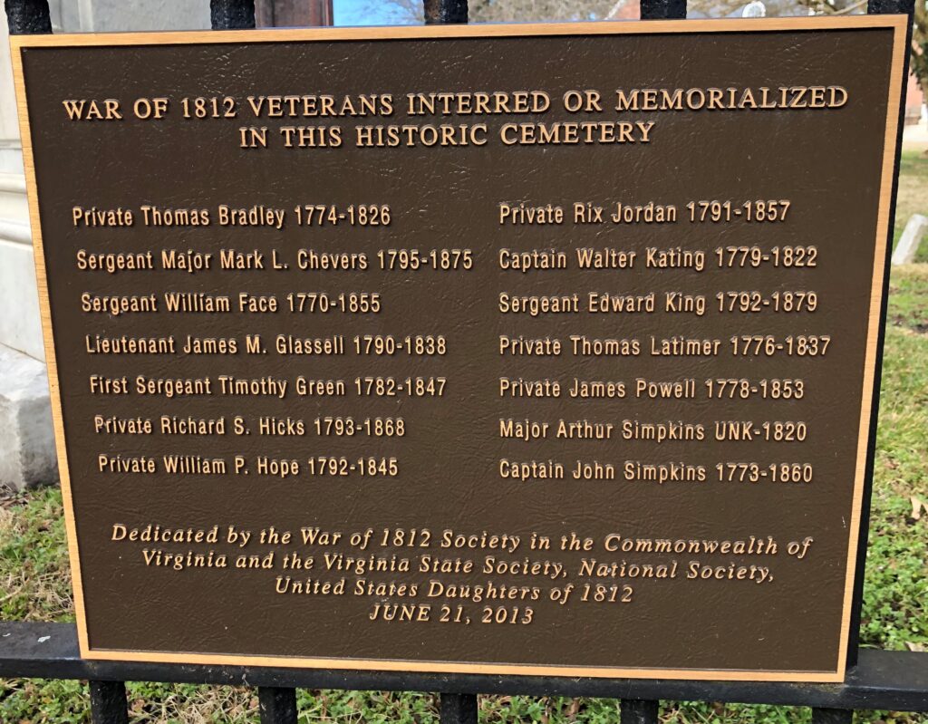 WAR OF 1812 VETERANS INTERRED MEMORIAL PLAQUE
