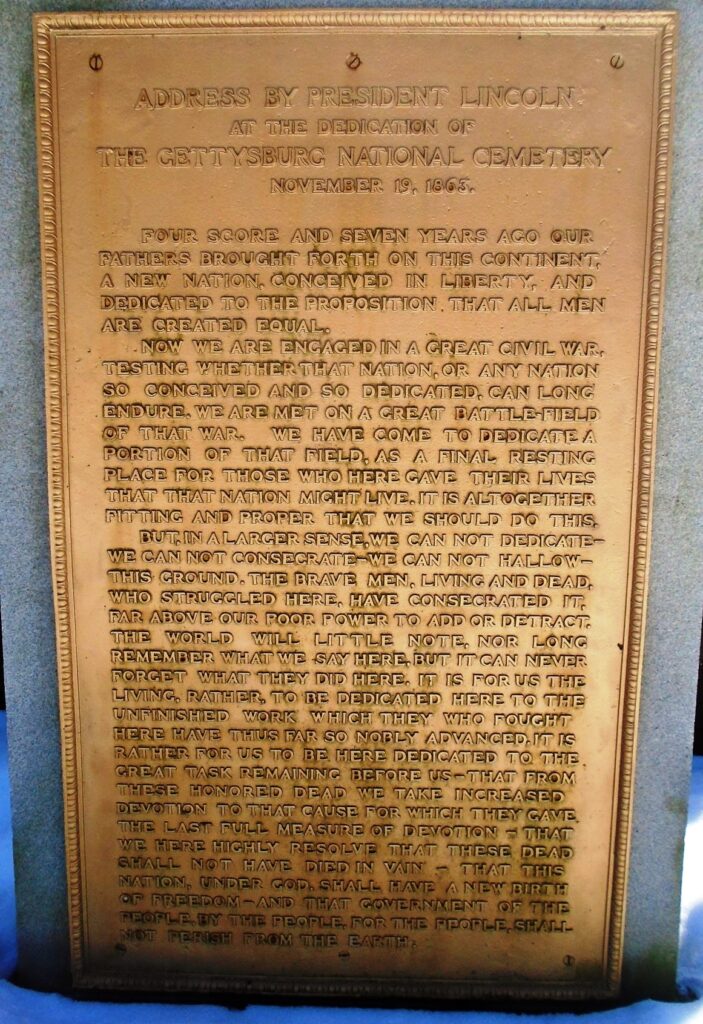 NORTHUMBERLAND LINCOLN’S GETTYSBURG ADDRESS WAR MEMORIAL PLAQUE