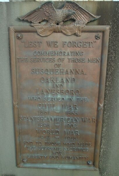 SUSQUEHANNA, OAKLAND AND LANESBORO WAR VETERANS MEMORIAL PLAQUE