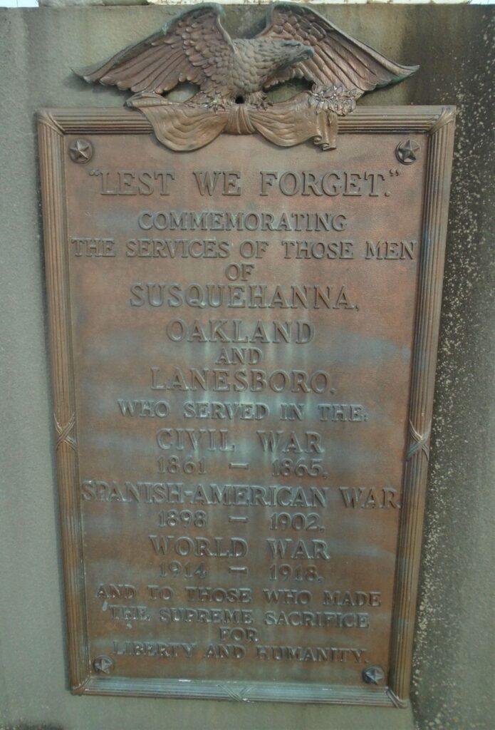 SUSQUEHANNA, OAKLAND AND LANESBORO WAR VETERANS MEMORIAL PLAQUE
