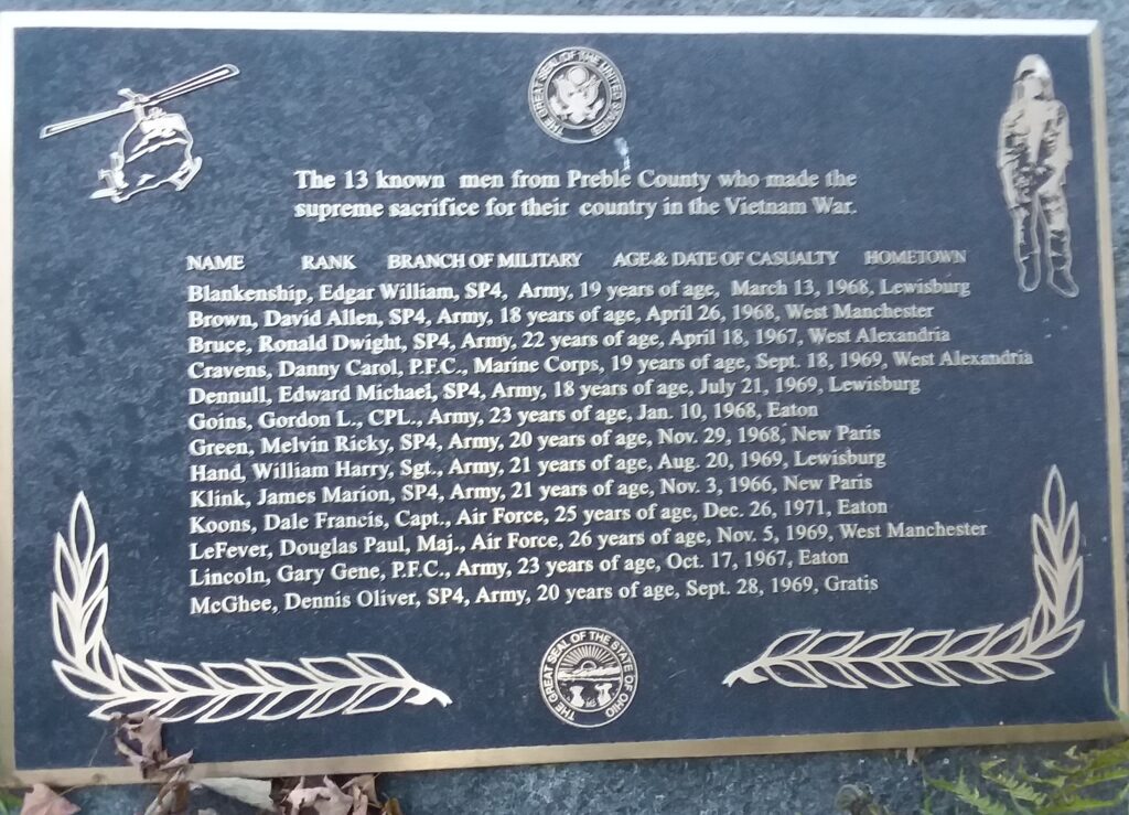 PREBLE COUNTY SUPREME SACRIFICE VIETNAM WAR MEMORIAL PLAQUE