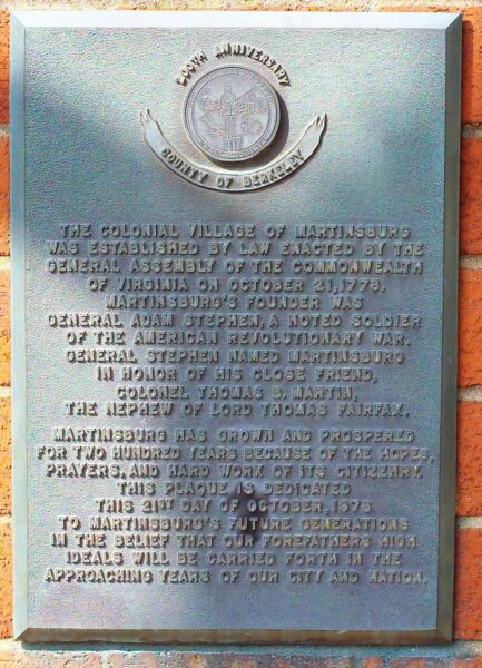 THE COLONIAL VILLAGE OF MARTINSBURG REVOLUTIONARY WAR MEMORIAL PLAQUE